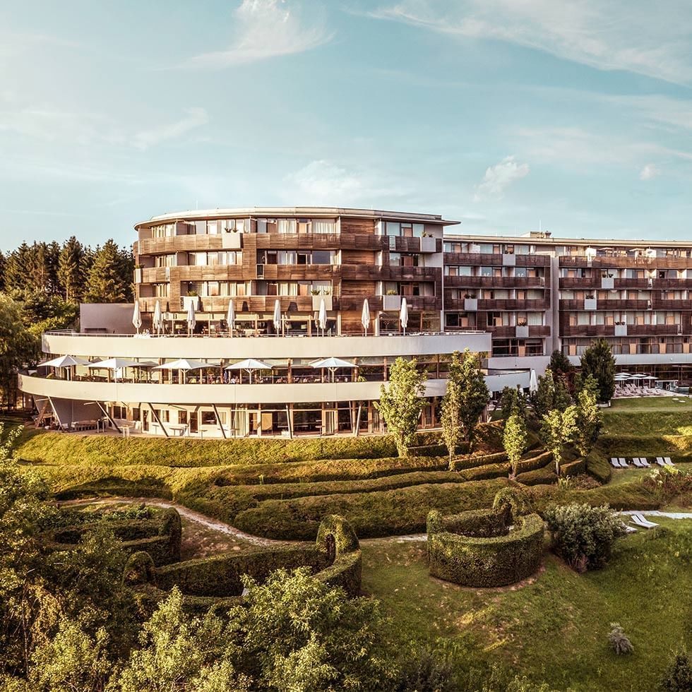 Aerial view of the hotel exterior with lawn at Falkensteiner Balance Resort Stegersbach