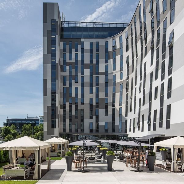 Exterior of the hotel & outdoor dining areas at Falkensteiner Hotel Belgrade