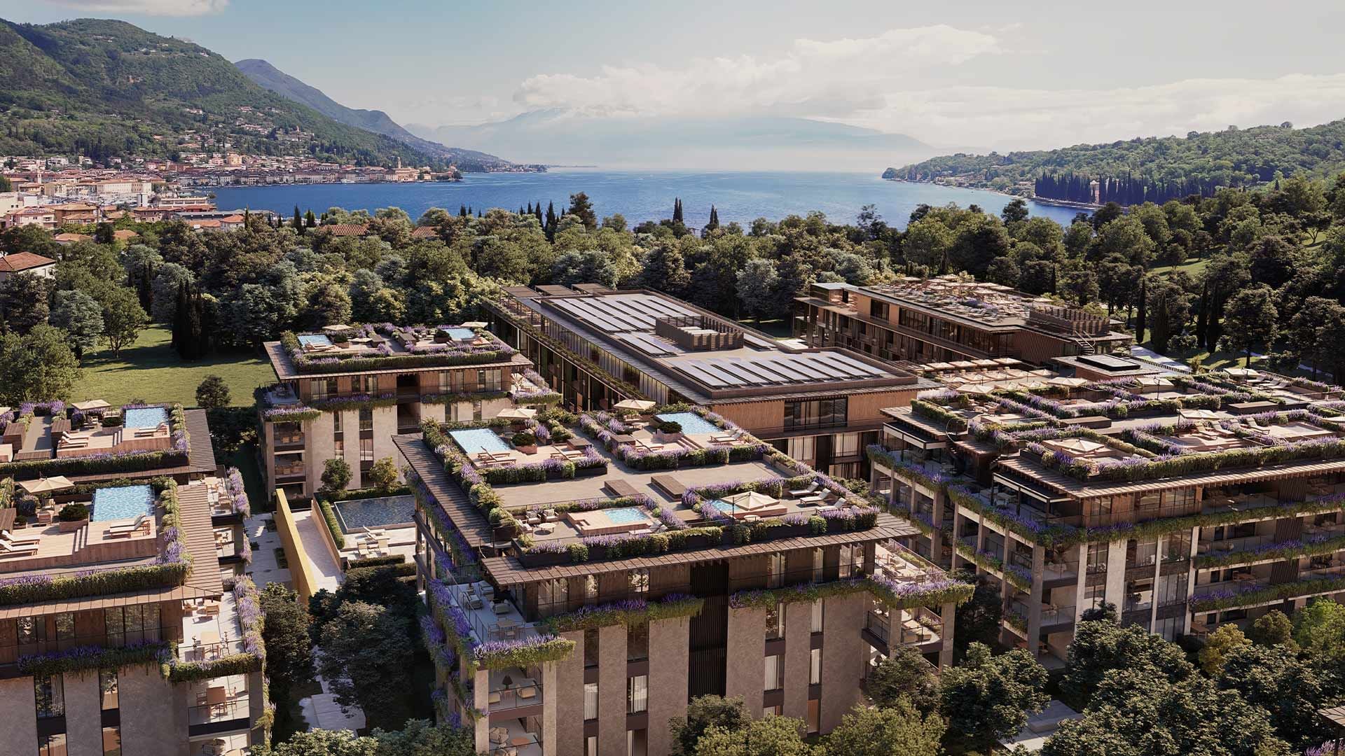 High-angle view of Falkensteiner Apartments Lake Garda with  surrounding hills