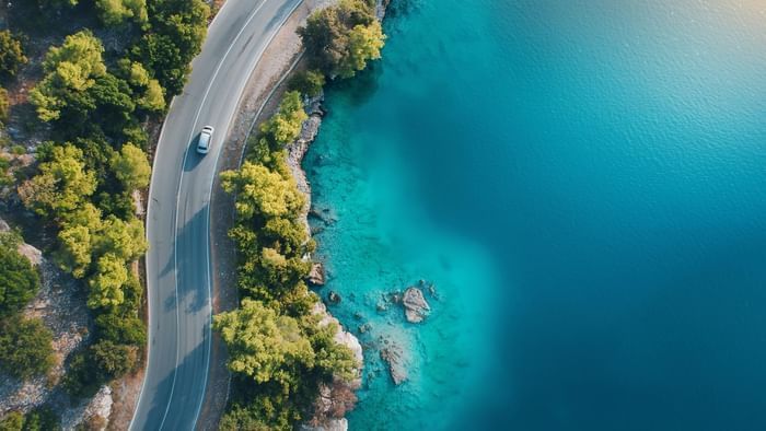 Aerial view of a coastal road with a car driving, bordered by green trees and clear blue water.