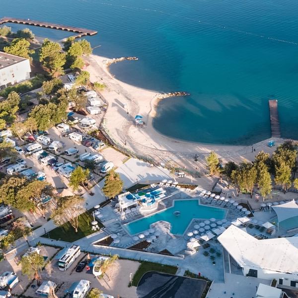 Aerial view of the hotel with the pool and beach at Falkensteiner Premium Camping Zadar